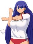  blue_eyes blush breasts buruma commentary_request cowboy_shot earrings fate/grand_order fate_(series) gym_uniform highres jewelry kerriaria large_breasts long_hair looking_at_viewer name_tag saint_martha shirt short_sleeves simple_background solo stretch very_long_hair white_background white_shirt 