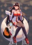 5555_96 azur_lane bangs bare_shoulders black_legwear blunt_bangs blurry blurry_background bowl breasts china_dress chinese_clothes chopsticks cleavage cleavage_cutout detached_sleeves dress flower food full_body grey_dress hair_flower hair_ornament hair_ribbon highres holding holding_bowl large_breasts left-handed long_hair long_sleeves looking_at_viewer mochi pantyhose parted_lips pelvic_curtain print_legwear red_eyes red_footwear red_ribbon ribbon shoes sitting smile solo spill spilling straight_hair tassel thighband_pantyhose very_long_hair wagashi wide_sleeves yat_sen_(azur_lane) 