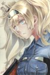  blonde_hair blue_eyes blue_shirt breast_pocket breasts buttons closed_mouth commentary gambier_bay_(kantai_collection) hair_between_eyes hairband highres kantai_collection large_breasts long_hair looking_at_viewer millipen_(medium) pocket shirt short_sleeves signature simple_background solo sweatdrop tesun_(g_noh) traditional_media twintails watercolor_pencil_(medium) 