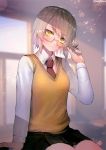  alternate_costume arm_support bad_id bad_twitter_id bangs black_skirt blurry blush breasts classroom closed_mouth collared_shirt confetti depth_of_field desk eyebrows_visible_through_hair girls_frontline glasses hanato_(seonoaiko) head_tilt long_sleeves looking_at_viewer medium_breasts necktie on_desk playing_with_hair pleated_skirt red_neckwear school_uniform semi-rimless_eyewear shirt short_hair sidelocks silver_hair sitting sitting_on_desk skirt solo sparkle sweater_vest thighs twitter_username vector_(girls_frontline) white_shirt yellow-framed_eyewear yellow_eyes 