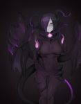  artist_name ass_visible_through_thighs black_gloves black_hair blush bodysuit breasts breasts_apart caleana commentary covered_navel covered_nipples demon_girl demon_horns elbow_gloves gloves grey_skin hair_over_one_eye hand_up highres horns looking_at_viewer medium_breasts monster_girl monster_girl_encyclopedia night_gaunt_(monster_girl_encyclopedia) parted_lips pointy_ears purple_eyes purple_hair smile solo tail thigh_gap 