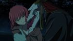  1boy 1girl ellias_ainsworth green_eyes hatori_chise licking mahou_tsukai_no_yome monster neck_licking queen-zelda red_hair short_hair skull 