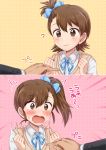  1boy 2girls 2koma ? blush bow brown_eyes brown_hair closed_mouth comic commentary_request embarrassed futami_ami futami_mami hair_bow hiiringu idolmaster idolmaster_(classic) multiple_girls open_mouth school_uniform side_ponytail sweatdrop vest 