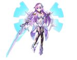  absurdres alternate_breast_size armor bangs blue_eyes breasts cleavage company_connection copyright_name elbow_gloves eyebrows_visible_through_hair full_body gloves hair_ornament highres holding holding_weapon large_breasts long_hair looking_at_viewer md5_mismatch mechanical_wings navel nepgear nepnep_connect:_chaos_chanpuru neptune_(series) nkmr8 official_art purple_hair purple_sister purple_sister_v shoulder_armor simple_background smile solo weapon white_background wings 