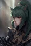  animal_ears artist_name bangs cat_ears chuby_mi closed_mouth eyelashes facial_mark final_fantasy final_fantasy_xiv freckles gloves green_eyes green_hair highres lips long_hair md5_mismatch miqo'te ponytail slit_pupils solo upper_body 
