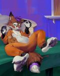  2017 4_toes 5_fingers anthro barefoot bed biped black_fur blush brown_fur canine claws clothed clothing digital_media_(artwork) feet fox fur green_eyes hair hi_res hindpaw kigufox kigurumi looking_at_viewer lying male mammal multicolored_fur on_back onesie open_mouth oselotti pajamas pawpads paws plushie purple_hair soles solo spread_legs spreading toe_claws toes white_fur 