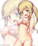  1girl arisu_kazumi arms_behind_back artist_name bikini blonde_hair blush breasts cleavage eyebrows_visible_through_hair fang female green_eyes hair_bobbles hair_ornament inuyama_aoi jpeg_artifacts long_hair looking_at_viewer medium_breasts micro_bikini navel open_mouth shiny_skin side-tie_bikini side_ponytail simple_background smile solo standing swimsuit text tied_hair twitter_username underboob white_background white_bikini yurucamp zoom_layer 