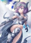  absol armor blue_sky bracer breasts closed_mouth cloud cloudy_sky cosplay costume gloves headband kagari_(pokemon) knee_up medium_breasts outdoors pokemon pokemon_(game) pokemon_oras purple_eyes purple_hair rilex_lenov shoes shoulder_pads signature sky solo winged_shoes wings 