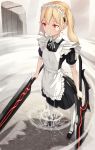  apron blonde_hair closed_mouth dual_wielding frilled_apron frills glowing glowing_eyes highres holding kimura_(ykimu) long_hair maid maid_headdress original pantyhose red_eyes solo standing sword twintails weapon white_legwear 