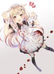  1girl :d apron bad_id bad_twitter_id bangs bat_hair_ornament blonde_hair blood blood_on_face blood_splatter bloody_clothes blush claw_pose dutch_angle fang foreshortening frills full_body hair_flaps hair_ornament highres kantai_collection kona_(mmmkona) long_hair looking_at_viewer maid maid_headdress mismatched_legwear open_mouth red_eyes remodel_(kantai_collection) scar scar_across_eye skull_hair_ornament smile solo thighhighs v-shaped_eyebrows very_long_hair white_apron wrist_cuffs yuudachi_(kantai_collection) 