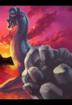  closed_mouth cloud cloudy_sky commentary from_behind gen_1_pokemon highres horn lapras letterboxed looking_away no_humans outdoors pokemon pokemon_(creature) rajewel realistic red_eyes shell signature sky solo sun swimming twilight water 