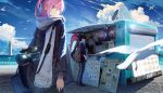  absurdres alternate_costume bag bird black_hair blue_eyes camera casual chromatic_aberration cloud commentary_request day doitsu_no_kagaku girls_frontline ground_vehicle highres lighthouse long_hair motor_vehicle multiple_girls one_side_up ouroboros_(girls_frontline) pink_hair poncho satellite_dish scarf sky st_ar-15_(girls_frontline) twintails van 