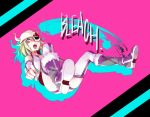  amiya arrancar bikini_bottom black_footwear bleach blonde_hair boots copyright_name detached_sleeves flat_chest from_below helmet horn lilynette_gingerbuck open_mouth pink_background pointing pointing_at_viewer purple_eyes shadow shirt short_hair solo white_shirt 