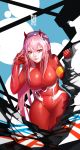  artist_name bangs bent_over bodysuit breasts commentary covered_navel darling_in_the_franxx dspell eyebrows_visible_through_hair green_eyes hairband highres horns large_breasts legs_together lips long_hair looking_at_viewer parted_lips pilot_suit pink_hair red_bodysuit shiny shiny_clothes shiny_hair skin_tight smile solo straight_hair thighs white_hairband zero_two_(darling_in_the_franxx) 