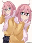  adjusting_eyewear banned_artist bespectacled commentary_request eyebrows_visible_through_hair glasses hair_between_eyes jacket kagamihara_nadeshiko long_hair pantyhose pink_hair scarf skirt smile solo tasora yurucamp 