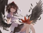  black_skirt black_wings breasts brown_hair fan feathered_wings feathers finger_to_chin grey_background hair_between_eyes hat hauchiwa highres holding holding_fan leaf_fan looking_at_viewer medium_breasts parted_lips petticoat pointy_ears pom_pom_(clothes) puffy_short_sleeves puffy_sleeves shameimaru_aya shirt short_hair short_sleeves simple_background sitting skirt solo tassel thkani tokin_hat touhou white_shirt wings wrist_cuffs 