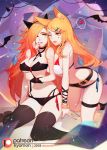  2girls ahri animal_ears arm_between_breasts bandeau bangs bare_shoulders bat belt between_breasts bikini black_bra black_panties bra breasts cleavage dual_persona fox_ears gloves gradient_hair green_eyes hair_ornament hair_over_one_eye hairband hand_on_another&#039;s_cheek hand_on_another&#039;s_face heart k/da_(league_of_legends) k/da_ahri kneeling league_of_legends long_hair looking_at_another loose_belt medium_breasts mismatched_bikini multicolored_hair multiple_girls navel one_eye_closed open_mouth orange_hair panties red_hair sarah_fortune side-tie_bikini sitting songjikyo star_guardian_(league_of_legends) star_guardian_miss_fortune swept_bangs swimsuit thighhighs underwear very_long_hair wariza whisker_markings x_hair_ornament yellow_eyes 