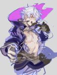  areolae dark_persona fire_emblem fire_emblem:_kakusei fire_emblem_heroes gimurei highres kohiu male_focus male_my_unit_(fire_emblem:_kakusei) my_unit_(fire_emblem:_kakusei) nipple_slip nipples open_mouth pectorals red_eyes robe silver_hair simple_background sketch solo tan_background torn_clothes upper_body 