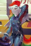  2016 animal_genitalia anthro armor athletic blush bulge clothing equine fur hair helmet hi_res horse male mammal multicolored_hair my_little_pony nude oselotti pinup pony pose rainbow_hair shiny solo suit white_fur wings 