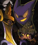  :| aegislash closed_mouth cloud commentary evil_smile expressionless fangs floating full_moon gen_1_pokemon gen_6_pokemon ghost halloween haunter highres holding holding_pokemon looking_at_viewer looking_away moon night night_sky no_humans open_mouth outdoors pokemon pokemon_(creature) pumpkaboo purple_eyes rock-bomber signature sitting sky smile yellow_eyes 