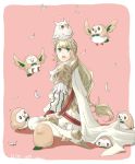  armor bird blonde_hair boots braid cape crossover crown_braid feathers feh_(fire_emblem_heroes) fire_emblem fire_emblem_heroes gen_7_pokemon green_eyes long_hair low-tied_long_hair open_mouth owl pink_background pokemon robaco rowlet sharena sitting thigh_boots thighhighs wariza white_cape 