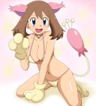 1girl alternate_costume animal_ears bell bikini blue_eyes blush breasts brown_hair cameltoe cleavage collar collarbone cosplay erect_nipples eyebrows_visible_through_hair female full_body gloves hand_up haruka_(pokemon) jingle_bell kneeling kuro_hopper large_breasts navel open_mouth paw_gloves paw_pose paw_print paw_shoes pokemon pokemon_(game) pokemon_rse shiny_skin simple_background skitty_(cosplay) smile solo spread_legs swimsuit tail 