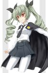  &gt;:) anchovy anzio_school_uniform arm_at_side bangs belt black_neckwear black_ribbon black_skirt breasts bright_pupils closed_mouth collared_shirt cropped_legs drill_hair eyebrows_visible_through_hair flipper girls_und_panzer green_hair hair_ribbon highres legs_apart long_sleeves looking_away looking_down medium_breasts miniskirt necktie outstretched_arm pantyhose red_eyes ribbon shirt shirt_tucked_in skirt smug solo standing tsurime twin_drills twintails two-tone_background v-shaped_eyebrows white_legwear white_shirt wing_collar 