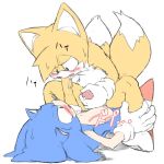  2018 anal anal_penetration anthro blue_body blue_eyes blush canine cowgirl_position duo eye_contact fox fur giga_(artist) hedgehog japanese_text male male/male mammal miles_prower mostly_nude on_top open_mouth penetration penis precum saliva sex simple_background sonic_(series) sonic_the_hedgehog spread_legs spreading text white_background white_fur yellow_fur 