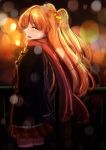  :d arms_behind_back backlighting black_coat black_gloves black_legwear blonde_hair blurry blurry_background blush bokeh coat cowboy_shot crying crying_with_eyes_open depth_of_field duffel_coat from_side gloves hair_ornament hair_scrunchie highres idolmaster idolmaster_cinderella_girls jougasaki_rika long_hair looking_at_viewer looking_to_the_side miniskirt multicolored_scrunchie open_mouth outdoors own_hands_together plaid plaid_skirt pleated_skirt railing red_scarf red_skirt sawara_(kukiwakame04) scarf scrunchie sideways_mouth skirt smile solo standing streaming_tears tears thighhighs two_side_up v_arms very_long_hair winter_clothes zettai_ryouiki 