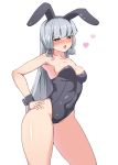  animal_ears bangs bare_shoulders black_leotard blunt_bangs blush breasts brown_eyes bunny_ears bunnysuit cleavage commentary_request covered_navel fake_animal_ears hair_ribbon headgear heart heart-shaped_pupils highres jito_mesuki_nitouhei kantai_collection leotard long_hair looking_at_viewer medium_breasts murakumo_(kantai_collection) no_legwear open_mouth remodel_(kantai_collection) ribbon round_teeth sidelocks silver_hair simple_background solo standing strapless strapless_leotard symbol-shaped_pupils teeth thighs tress_ribbon white_background wide_hips wrist_cuffs 