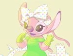  2016 4_fingers alien angel_(lilo_and_stitch) antennae clothing dipstick_antennae disney dress experiment_(species) eyelashes female fur gloves green_dress hair_bow hair_ribbon jewelry kurokuma824 lilo_and_stitch looking_at_viewer necklace open_mouth open_smile pink_fur purple_mouth purple_nose purple_tongue ribbons simple_background smile solo yellow_background 