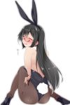  alternate_costume animal_ears black-framed_eyewear black_footwear black_hair black_leotard blush brown_legwear bunny_ears bunny_tail bunnysuit closed_eyes commentary_request fake_animal_ears glasses high_heels highres kantai_collection leotard long_hair mtu_(orewamuzituda) ooyodo_(kantai_collection) open_mouth pantyhose simple_background solo tail tears white_background 