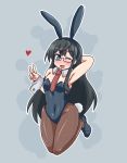  ;d alternate_costume animal_ears armpits bare_shoulders black_hair blue_background blue_eyes blush bow bowtie breasts bunny_ears bunny_girl bunnysuit detached_collar eyebrows_visible_through_hair fake_animal_ears full_body glasses hairband heart highres kantai_collection long_hair looking_at_viewer necktie one_eye_closed ooyodo_(kantai_collection) open_mouth pantyhose red_neckwear semi-rimless_eyewear simple_background small_breasts smile solo v wrist_cuffs yuuki_shishin 
