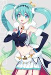  aqua_eyes aqua_hair bad_id bad_pixiv_id character_name cowboy_shot detached_sleeves eyebrows_visible_through_hair garter_straps goodsmile_racing gradient_hair green_hair grey_background hand_on_hip hatsune_miku long_hair merlusa midriff multicolored_hair navel open_mouth pleated_skirt racing_miku racing_miku_(2018) skirt solo twintails very_long_hair vocaloid 