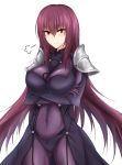  armor blush bodysuit breasts commentary_request covered_navel cowboy_shot crossed_arms eyebrows_visible_through_hair fate/grand_order fate_(series) hair_between_eyes highres large_breasts looking_at_viewer piro_(iiiiiiiiii) purple_hair red_eyes scathach_(fate)_(all) scathach_(fate/grand_order) shoulder_armor simple_background smile solo standing white_background 
