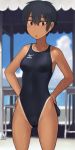  :&lt; androgynous bangs bare_arms bare_shoulders black_eyes black_hair black_swimsuit blue_sky chestnut_mouth clothes_writing cloud competition_swimsuit cowboy_shot dark_skin day eyebrows_visible_through_hair hands_on_hips holding legs_apart looking_at_viewer lvi md5_mismatch mizuno one-piece_swimsuit one-piece_tan open_mouth original outdoors shiny shiny_skin short_hair skin_tight sky solo standing sweatdrop swimsuit table tan tanline thighs triangle_mouth 
