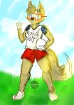  2016 3_toes 4_fingers anthro ball barefoot blue_eyes breasts canine clothed clothing crossgender day dipstick_tail english_text female fifa mammal mascot multicolored_tail mundienaskd outside russia russian shirt shorts smile soccer_ball text toes wolf zabivaka 