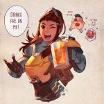  2boys alcohol armor beard beer beer_mug blonde_hair brigitte_(overwatch) brown_hair chibi commentary crying cup english eyepatch facial_hair grey_hair holding holding_cup looking_at_viewer multiple_boys mustache nana_nakano one_eye_closed open_mouth overwatch reinhardt_(overwatch) simple_background smile speech_bubble torbjorn_(overwatch) upper_body 