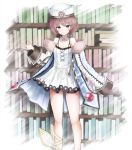  bare_legs bare_shoulders blanc blue_eyes blush book bookshelf brown_hair collarbone commentary_request dress fur_trim hand_up hat looking_at_viewer neptune_(series) sarise0916 short_hair smile solo spaghetti_strap standing very_long_sleeves white_coat white_dress 