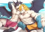  anthro board_shorts bulge canine clothed clothing dragon duo fur hair male mammal muscular muscular_male open_mouth rabbity sitting smile topless wings 