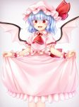 :d bat_wings blue_hair blush closed_mouth commentary_request eyebrows_visible_through_hair fang hat highres lifted_by_self m9kndi open_mouth pink_hat pink_skirt pink_wings red_eyes remilia_scarlet short_hair skirt skirt_lift smile solo standing touhou wings wrist_cuffs 