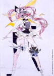  1girl android character_request commentary_request copyright_request dated feet_out_of_frame frills grey_eyes hair_between_eyes highres jnt long_hair no_nose official_art panties pink_hair single_thighhigh solo thighhighs underwear 