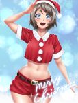  :d belt blue_eyes blush christmas cowboy_shot crop_top eyebrows_visible_through_hair fur_trim grey_hair hat highres hip_bones looking_at_viewer love_live! love_live!_sunshine!! merry_christmas midriff navel open_mouth pom_pom_(clothes) red_hat red_shirt red_shorts salute santa_costume shirt short_hair short_shorts short_sleeves shorts smile snowflakes solo stomach tama_(tamakaka1031) watanabe_you 