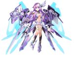  absurdres alternate_breast_size armor bangs blue_eyes breasts cleavage company_connection copyright_name elbow_gloves eyebrows_visible_through_hair full_body gloves hair_ornament highres holding holding_weapon large_breasts long_hair looking_at_viewer md5_mismatch mechanical_wings navel nepgear nepnep_connect:_chaos_chanpuru neptune_(series) nkmr8 official_art purple_hair purple_sister purple_sister_v shoulder_armor simple_background smile solo weapon white_background wings 