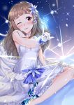  anemone_noa blush brown_hair dress flower gloves hair_flower hair_ornament highres idolmaster idolmaster_cinderella_girls idolmaster_cinderella_girls_starlight_stage kamiya_nao long_hair one_eye_closed parted_lips red_eyes snowflakes solo sparkle thick_eyebrows white_dress white_gloves 