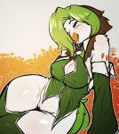  2016 anthro avante92 avian blush bottomless breasts brown_feathers cleavage clothed clothing collar dartrix digital_media_(artwork) eyes_closed feathers female green_feathers green_hair hair hi_res legwear nintendo non-mammal_breasts pok&eacute;mon pok&eacute;mon_(species) pok&eacute;morph pussy solo source_request thick_thighs video_games white_feathers wide_hips 