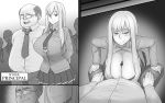  1girl bald bar_censor blush bra breasts censored cleavage commentary ekz_(drawfag) fat fat_man glasses greyscale hetero highres huge_breasts instant_loss_2koma left-to-right_manga long_hair looking_at_viewer monochrome multiple_girls necktie original paizuri paizuri_under_clothes pantyhose penis pleated_skirt pov school_uniform serafuku skirt smirk sweat trembling underwear 