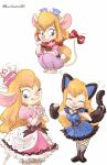  2016 anthro blonde_hair blue_eyes cat_costume chip_&#039;n_dale_rescue_rangers clothed clothing cosplay costume disney dress eyelashes eyes_closed eyewear fake_cat_ears fake_ears female gadget_hackwrench goggles goggles_on_head hair hands_together hat hi_res kurokuma824 looking_at_viewer mammal mittens mouse multiple_scenes one_eye_closed open_mouth open_smile pink_nose ribbons rodent scarf simple_background smile solo tail_bow tail_ribbon tongue tongue_out white_background 