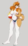  2016 anthro areola ball beach_ball black_nose breasts canine clothed clothing digital_media_(artwork) dog female fur green_eyes hair hi_res hobbsmeerkat kibbles long_hair mammal multicolored_fur navel nipples orange_hair simple_background smile solo topless two_tone_fur 