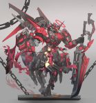  absurdres black_gloves black_hair cartridge chain commentary_request covered_navel detached_sleeves gloves grey_background halo highres horns long_hair long_sleeves looking_at_viewer mecha mechanical_ears mole mole_under_eye original pelvic_curtain sitting standing sword syaha thighhighs weapon yellow_eyes 